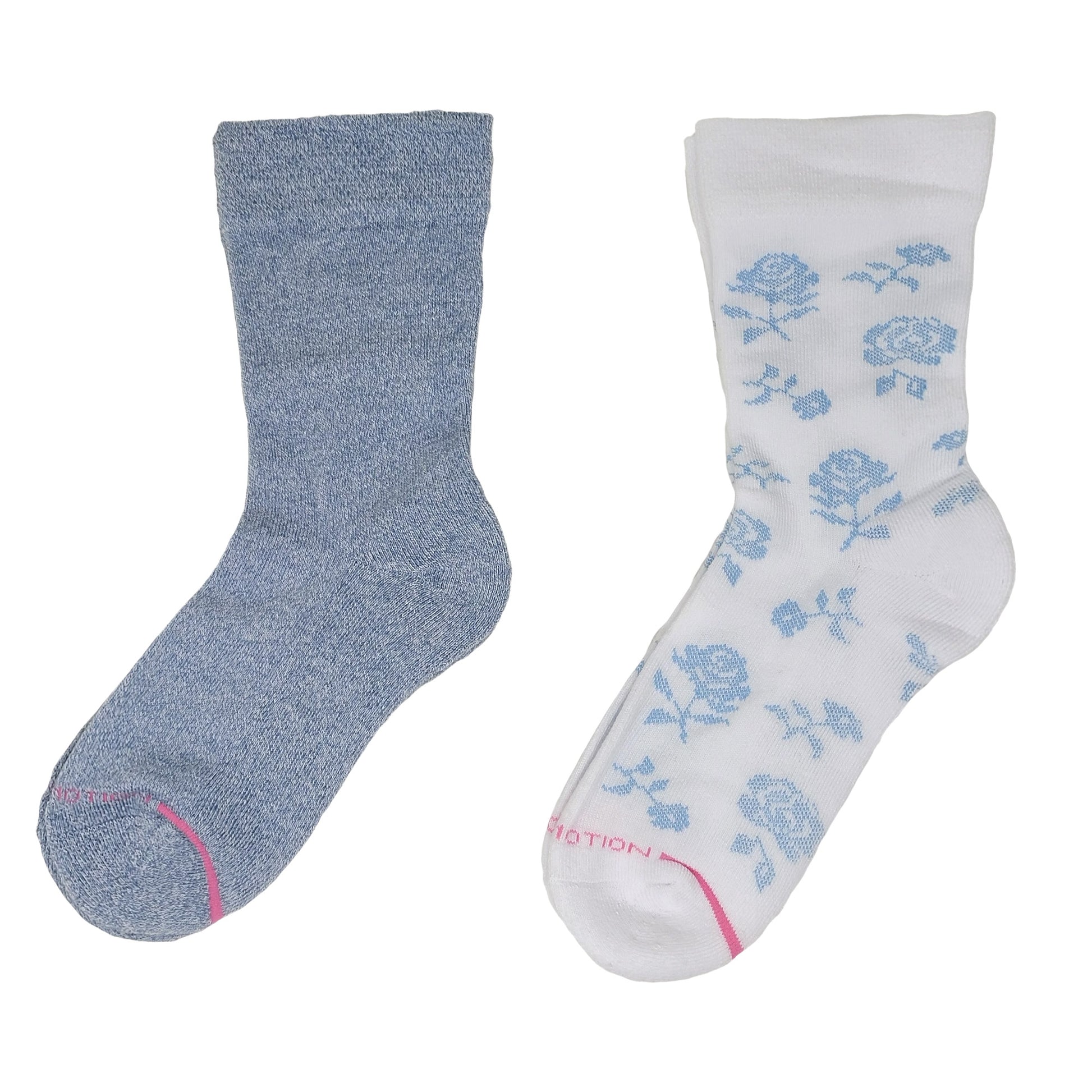 Two socks, one blue and one white with floral pattern, on a white background.