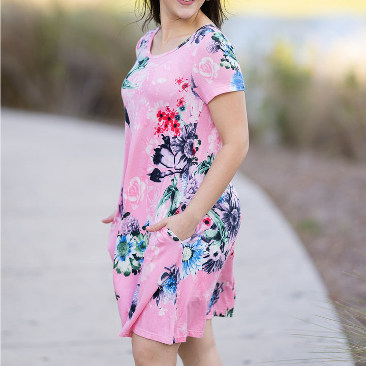 Women Short Sleeve Pink Floral Print Swing Comfy Summer Beach Dress, T-Shirt