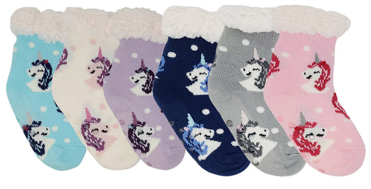 Sherpa Slippers Socks with Gripper | Unicorns Non-Skid Fleece Lined | Kids (6 Pairs)