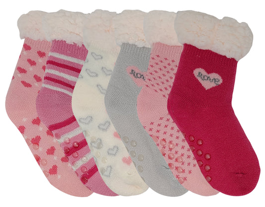 Sherpa Slippers Socks with Gripper | Valentines Non-Skid Fleece Lined | Kids (6 Pairs)