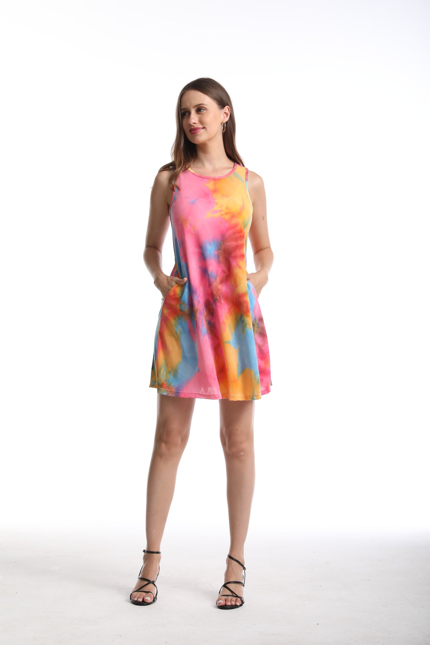 Women's Sleeveless Loose Watercolor Dresses T Shirt Tank Casual Short Dress with Pockets