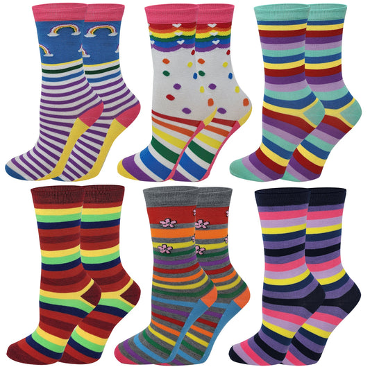 Women 6 Pairs Pack Rainbow Stripes Style Novelty Dress Socks
