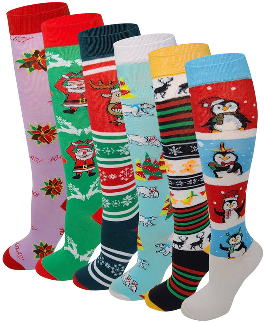 Knee High Socks | Christmas Novelty Design | Womens (6 Pairs)