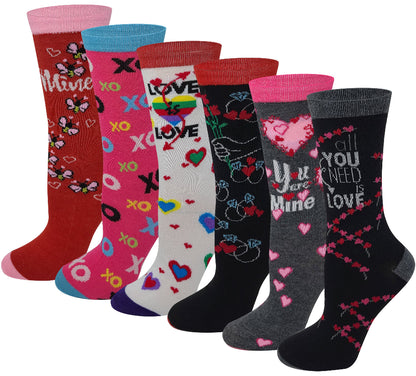 Women’s Valentine’s Day crew socks with novelty heart designs – 6-pair pack