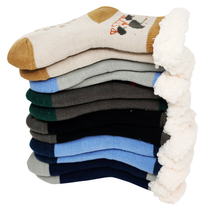 Sherpa Slippers Socks with Gripper | Space Rockets Non-Skid Fleece Lined | Kids (6 Pairs)