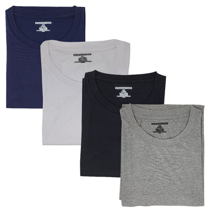Four folded t-shirts in navy, gray, black, and gray on a white background.