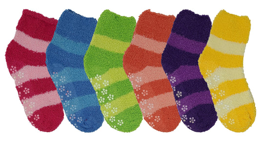 Non-Skid Slipper Socks | Cozy Fuzzy Bright Stripes | Kids (6 Pairs)