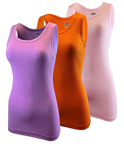 SUMONA Women L. Pink/Orange/L. Purple Tank Tops Ribbed Rib A-Shirts Basic Sleeveless Tanks Top