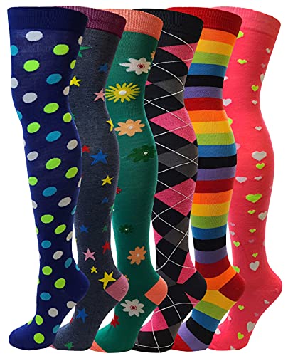 Women 6 pairs Assorted Fancy Design Thigh High Over the Knee Socks