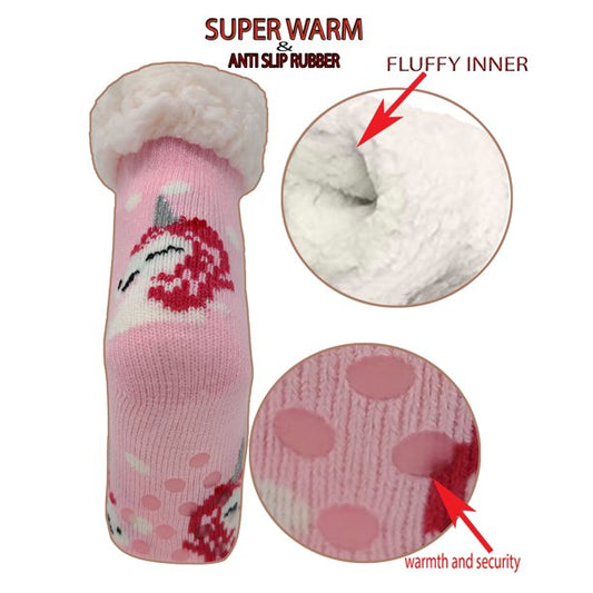 Sherpa Slippers Socks with Gripper | Unicorns Non-Skid Fleece Lined | Kids (6 Pairs)