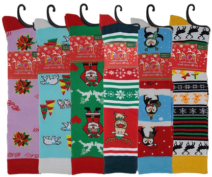 Knee High Socks | Christmas Novelty Design | Womens (6 Pairs)