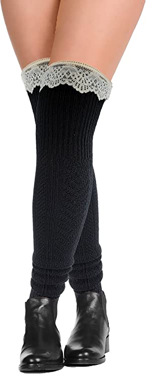 Thigh High Wool Boot Socks | Winter Cable Knit Lace on Top | Women ( 4 Pairs )