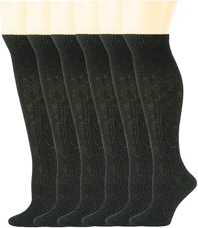 Knee High Boot Socks | Winter Cable Knit Black Color | Womens (6 pairs)