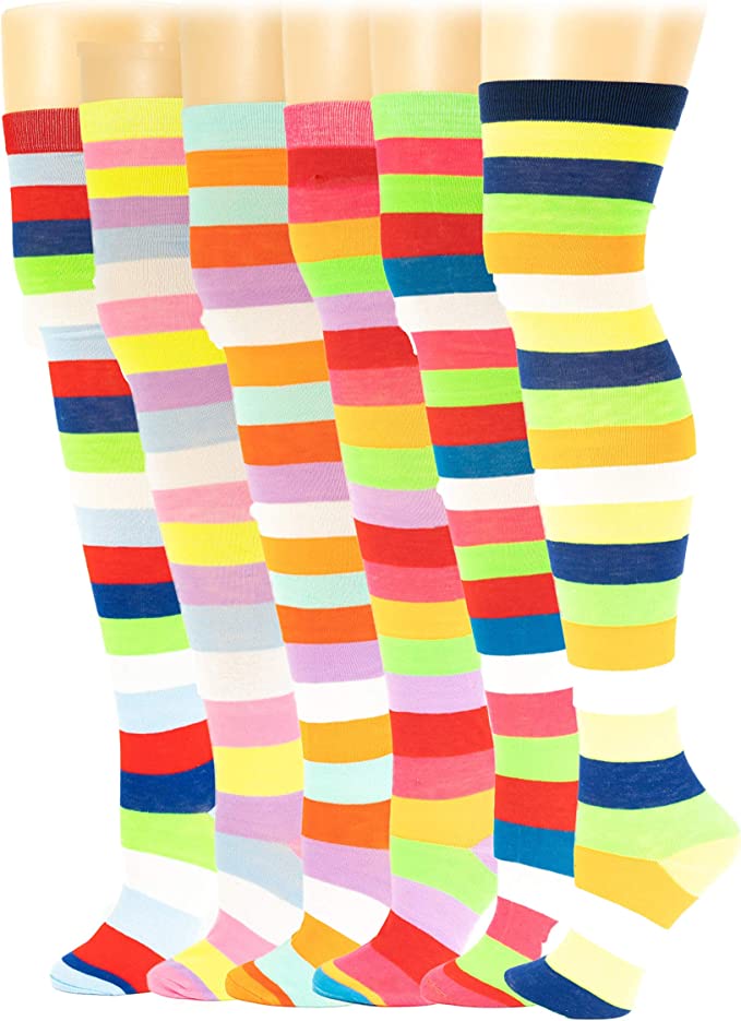 Thigh High Over the Knee Socks | Neon Color Wide Stripes | Women (6 Pairs)