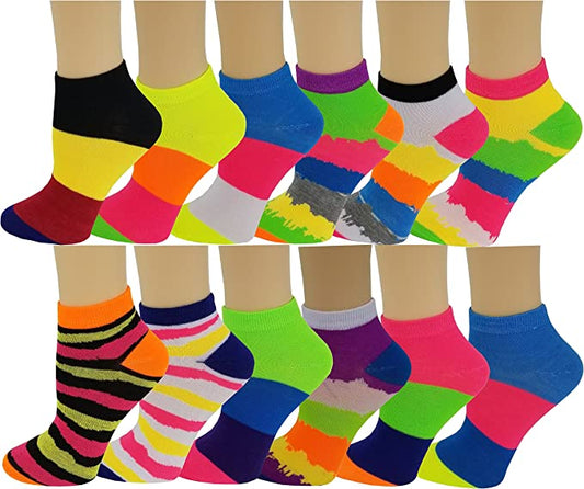 Low Cut Ankle Socks | Neon Stirpes Colorful Design | Women's (12 Pairs)