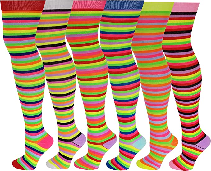 6 Pairs Pack Women Neon Color Rainbow Stripes Thigh High Over the Knee Socks