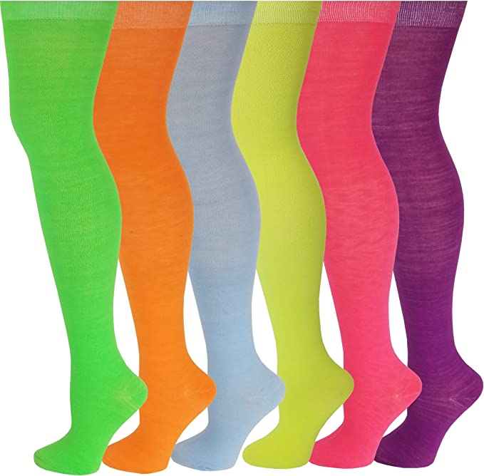 6 Pairs Pack Women Neon Solid Color Thigh High Over the Knee Socks