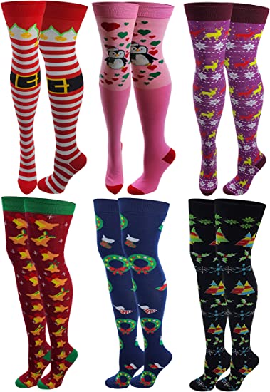 6 Pairs Pack Women Christmas Assorted Design Thigh High Over the Knee Socks