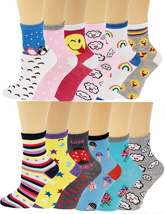 Girls Crew Socks | Fancy Design | Kids (12 Pairs)