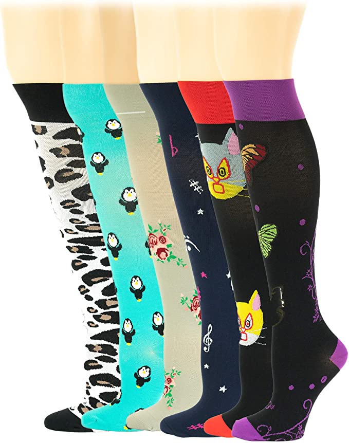 Compression Graduated Knee High Socks | Novelty Design | Women (6 Pairs)