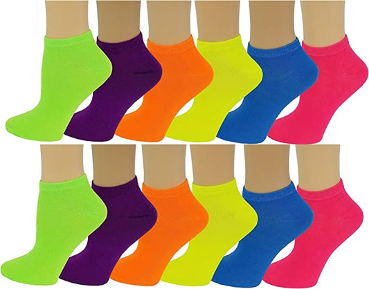 Low Cut Ankle Socks | Neon Color Design | Women's (12 Pairs)
