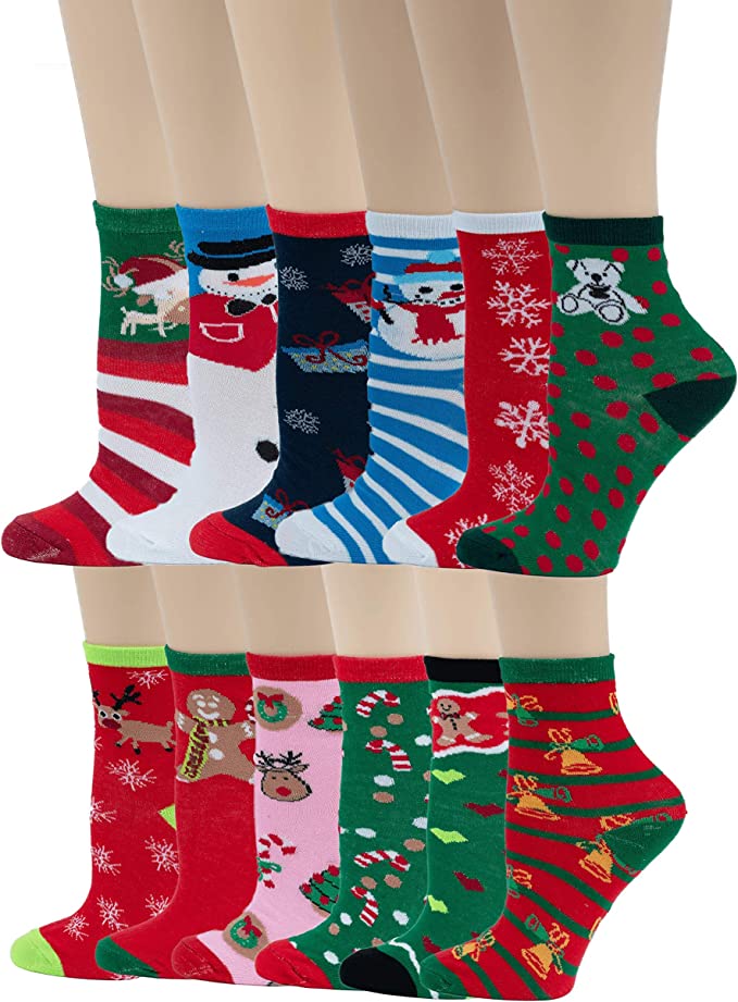 Ayla 12 Pairs Kids Girls Christmas Design Novelty Crew Socks