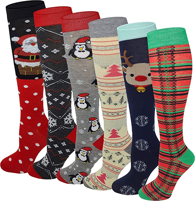 Women 6 Pairs Merry Christmas Novelty Design Knee High Socks