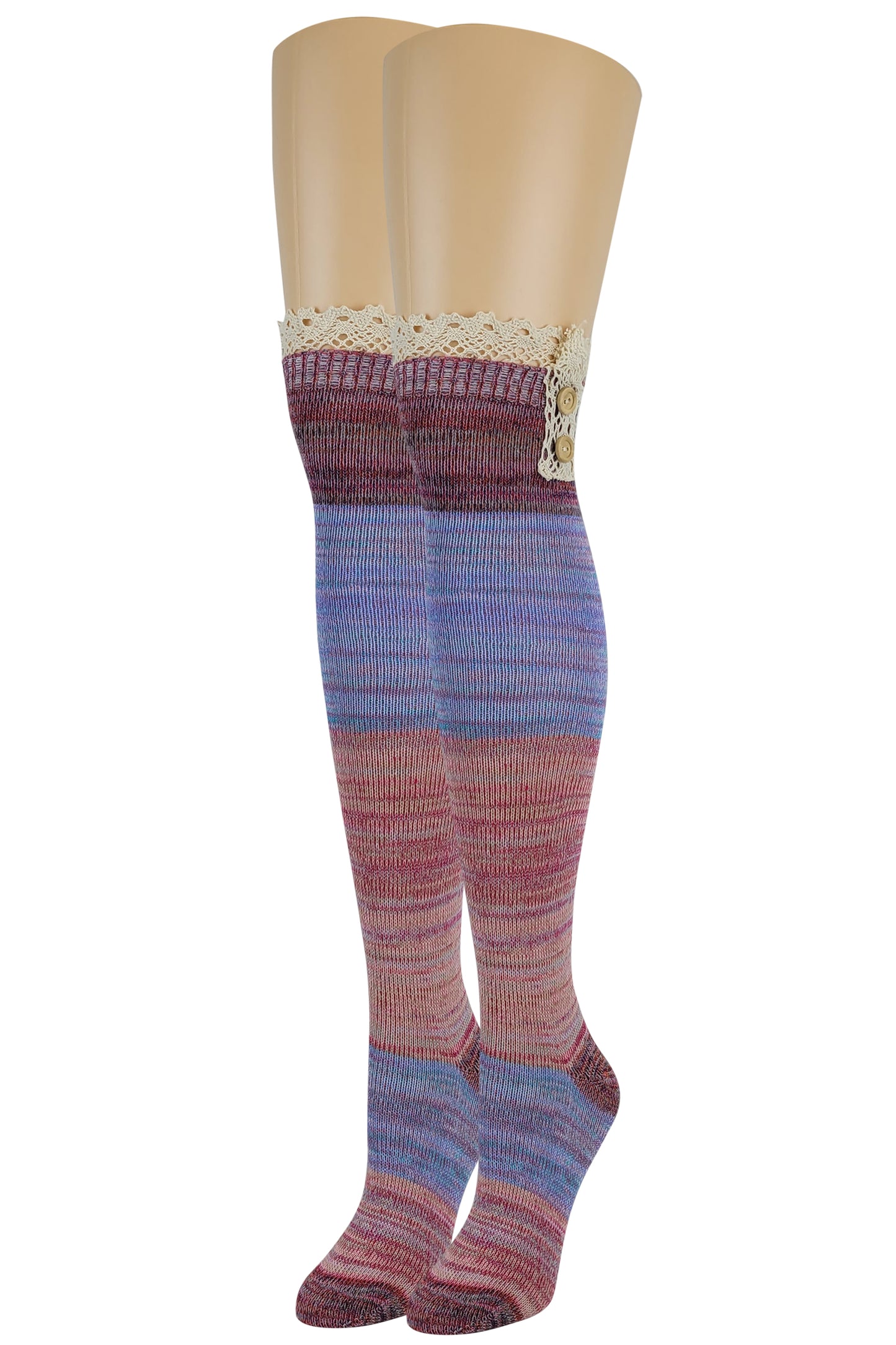 Over the Knee Socks | Assorted Color with Buttons and Lace (4 Pairs)