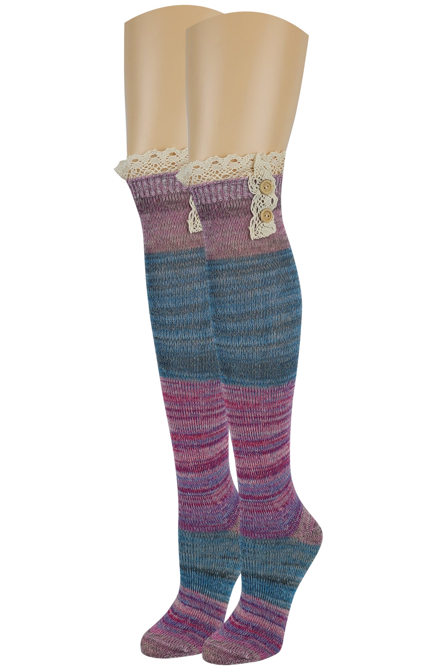 4 Pairs Women Sumona Assorted Color Over the Knee Socks with Buttons and Lace