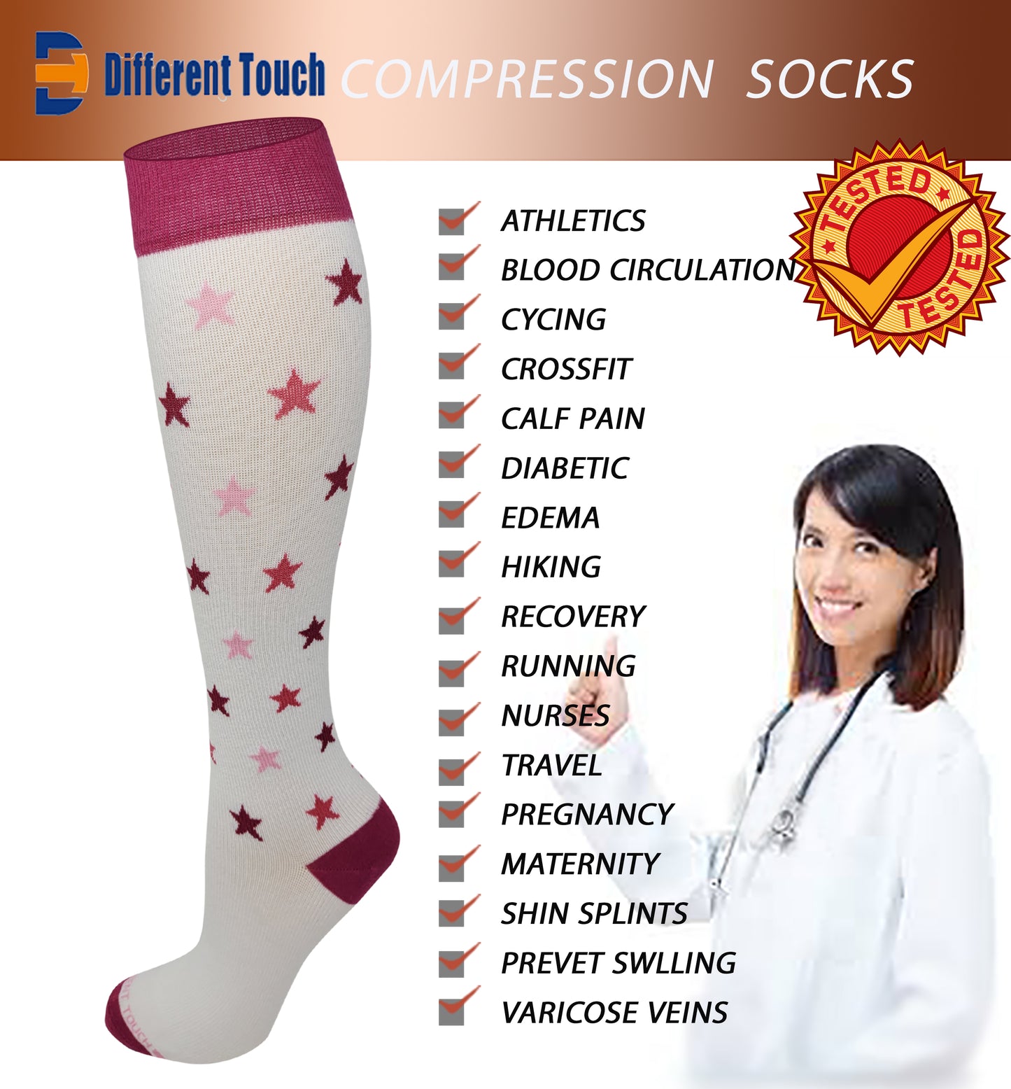 Compression Knee High Socks | Mini Stars Design | Womens (1 Pair)