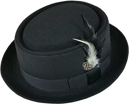 Different Touch Men's Wool Felt Round Top Porkpie Pork Pie Short Brim Fedora Hats W/Feather