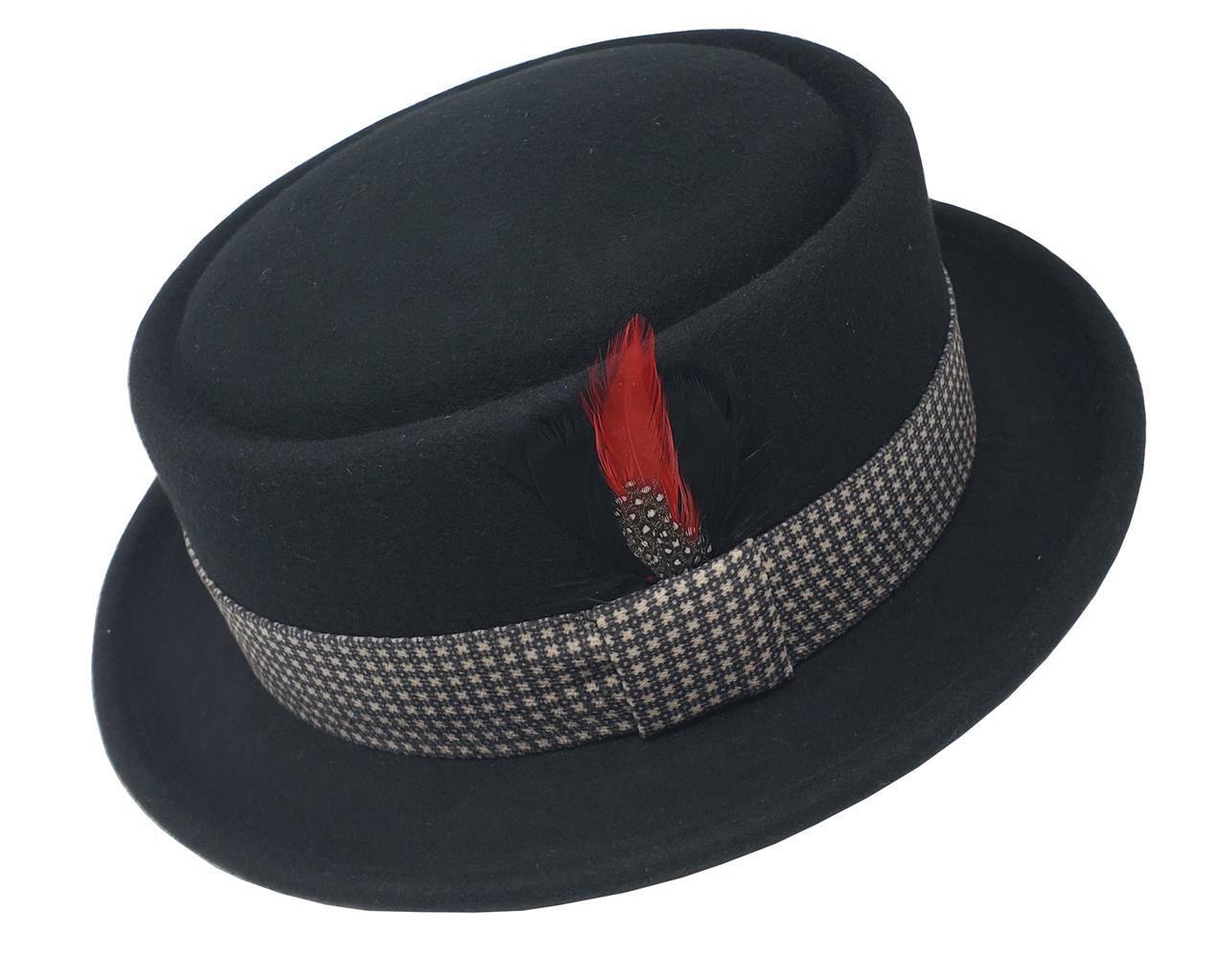 Pork Pie Flat Top Hat | 100% Wool | Robert Pattern Black Lined Band ...