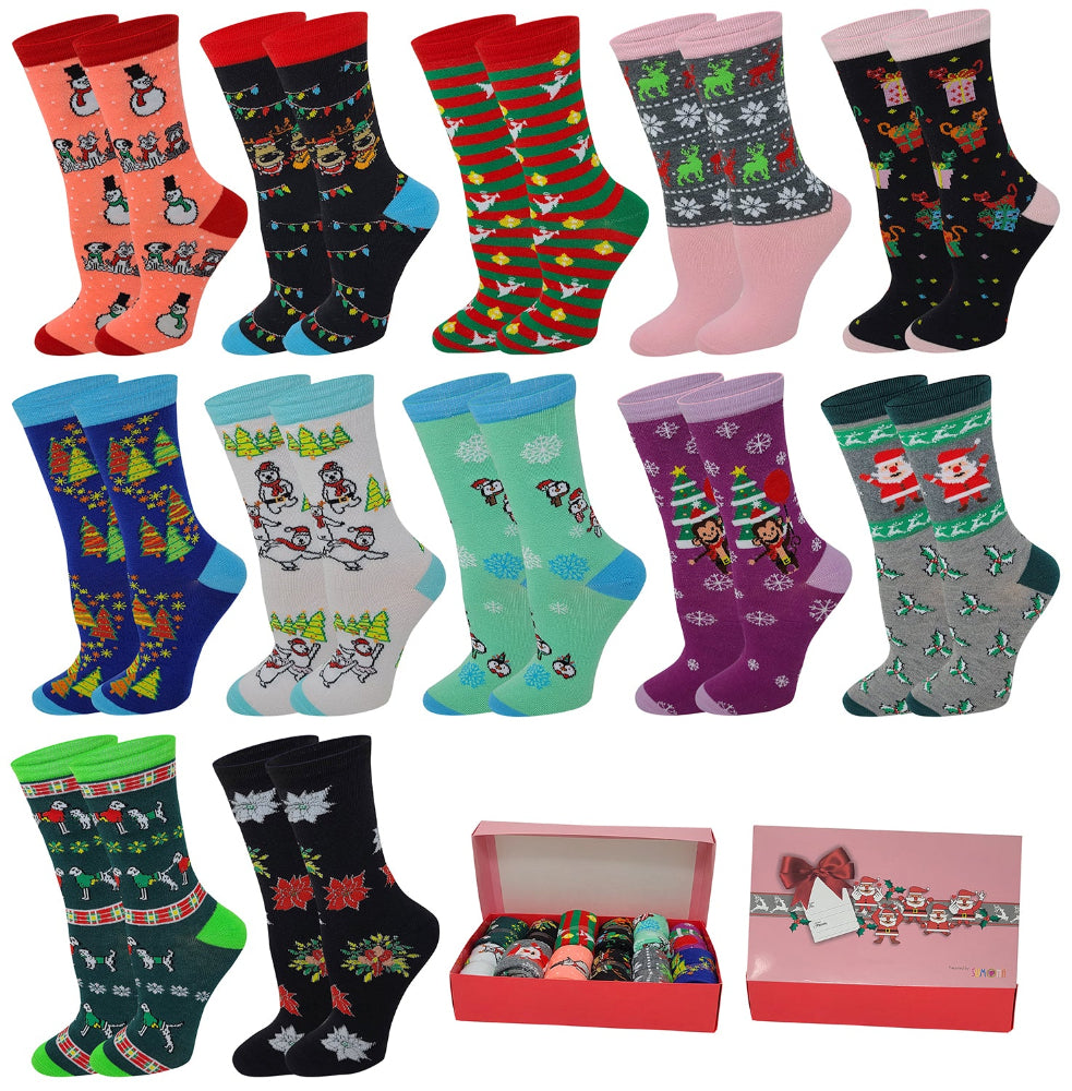Women Crew Socks | Holiday Festive Design | 12 Pairs With/Gift Box