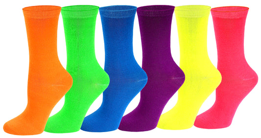 Women 6 Pairs Pack Neon Color Novelty Crew Socks