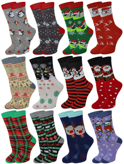 Assorted women’s holiday crew socks in a 12-pair value pack