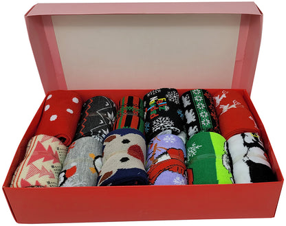 Gift-ready box of women’s Christmas crew socks displayed in a holiday setting