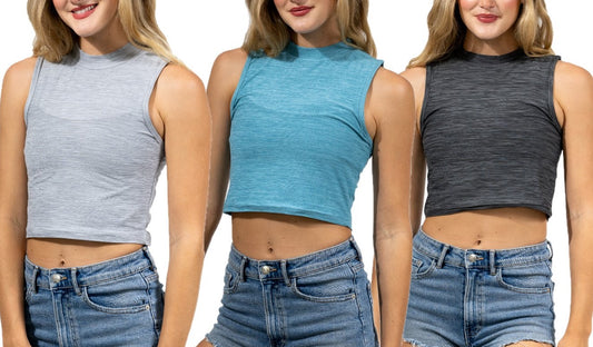 Mock Neck Crop Tops | Everyday Quick-dry Yoga | Womens (3 Pack)