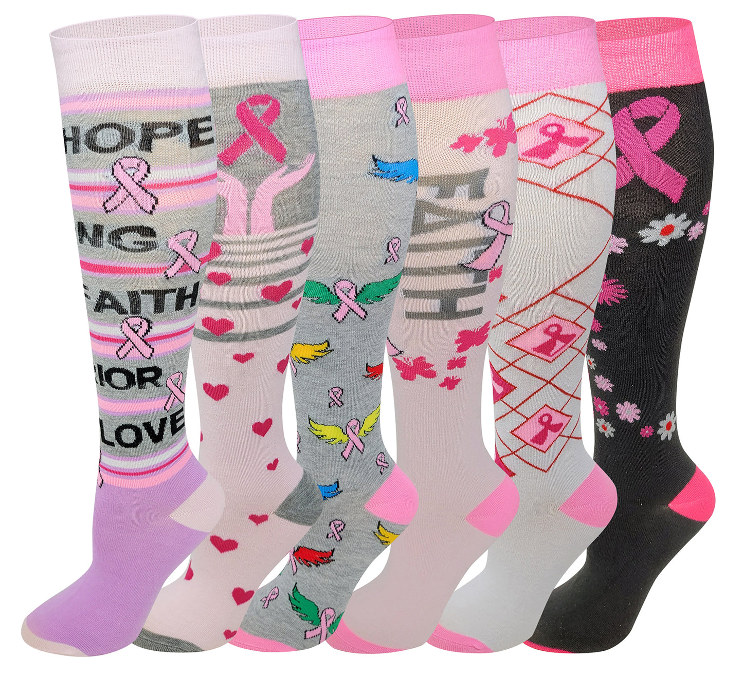 Women 6 pairs Breast  Cancer Awareness Knee High Socks