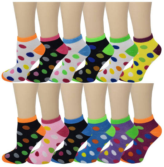 Low Cut Ankle Socks | Polka Dot Neon Color | Women's (12 Pairs)
