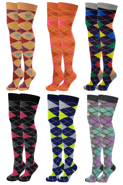 Women’s multi-argyle thigh high socks – 6 pair over-the-knee set