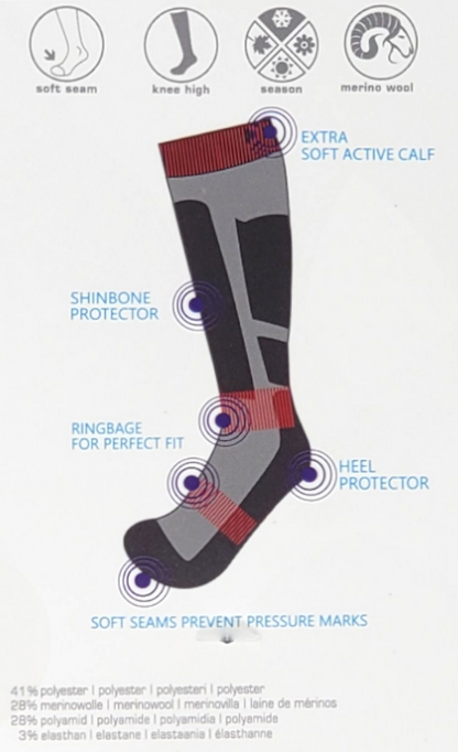 Unisex Thermolite merino wool ski socks with compression support and padded heel and shin protection