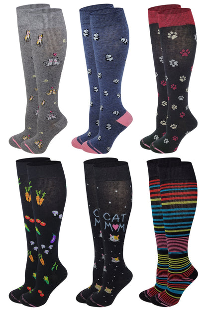 A collection of Dr. Motion knee-high compression socks in various patterns and colors, designed for women.