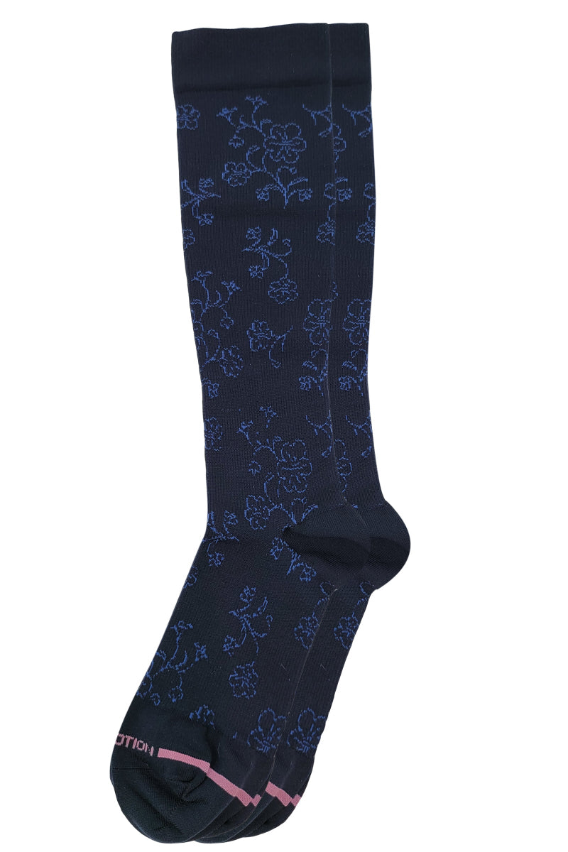 Navy blue socks with floral pattern on a white background