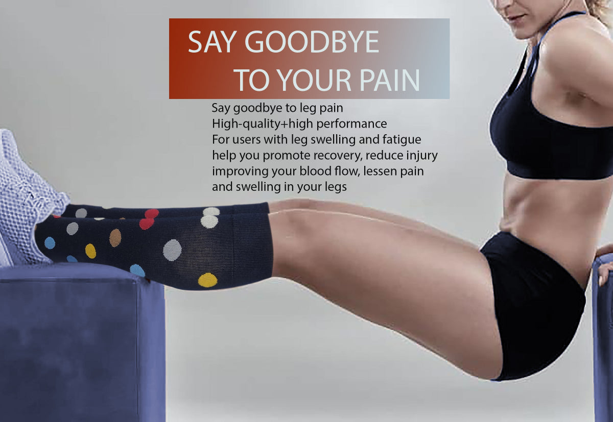 A woman  wearing colorful polka dot dr. motion compression socks with text about leg pain relief, on a gray background.