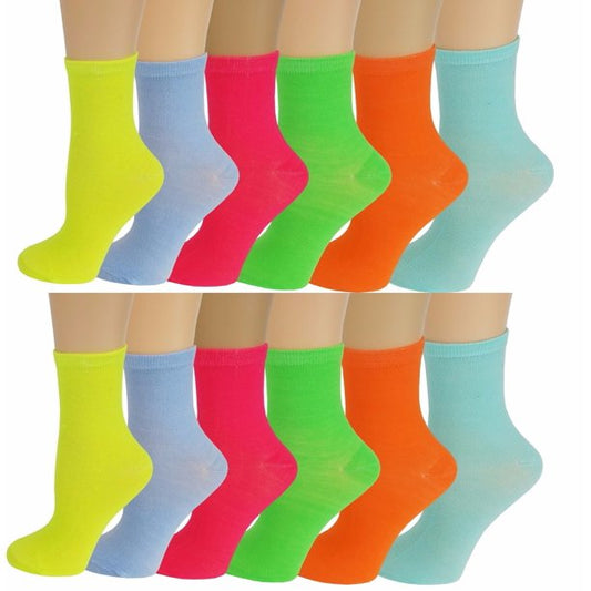 Girls Crew Socks | Colorful Novelty Design | Kids (12 Pairs)